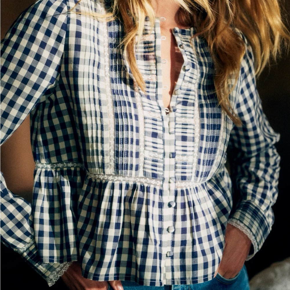 Sezane Charlina Blouse Vichy Navy - Solidarity Creation - Size 10